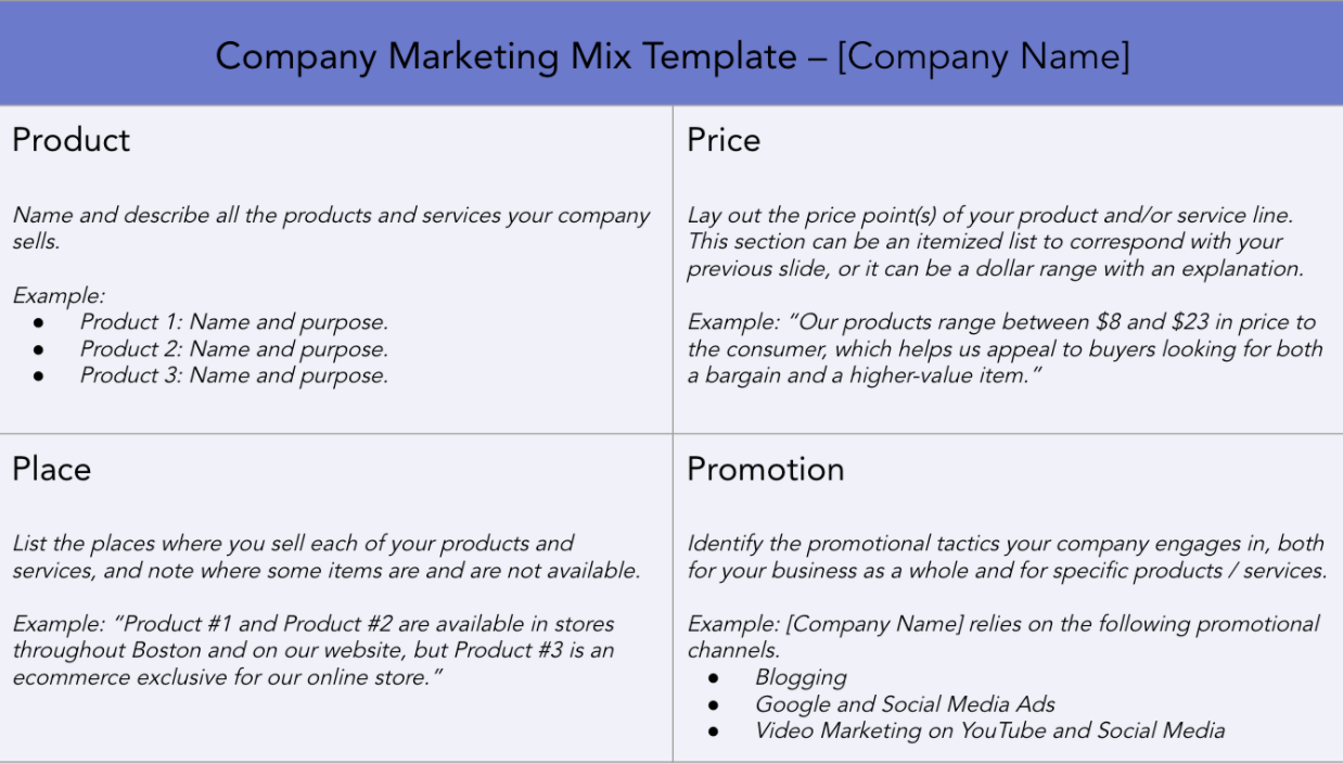 company marketing mix template