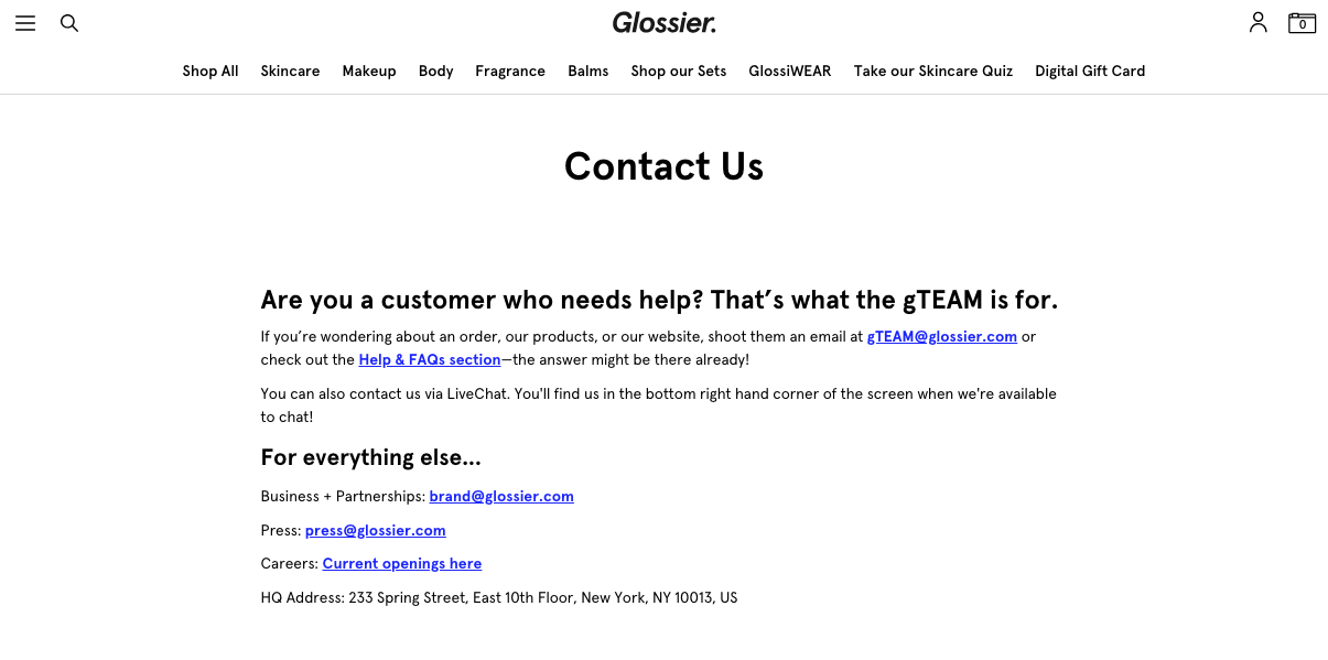 Best Contact Us Pages: Glossier