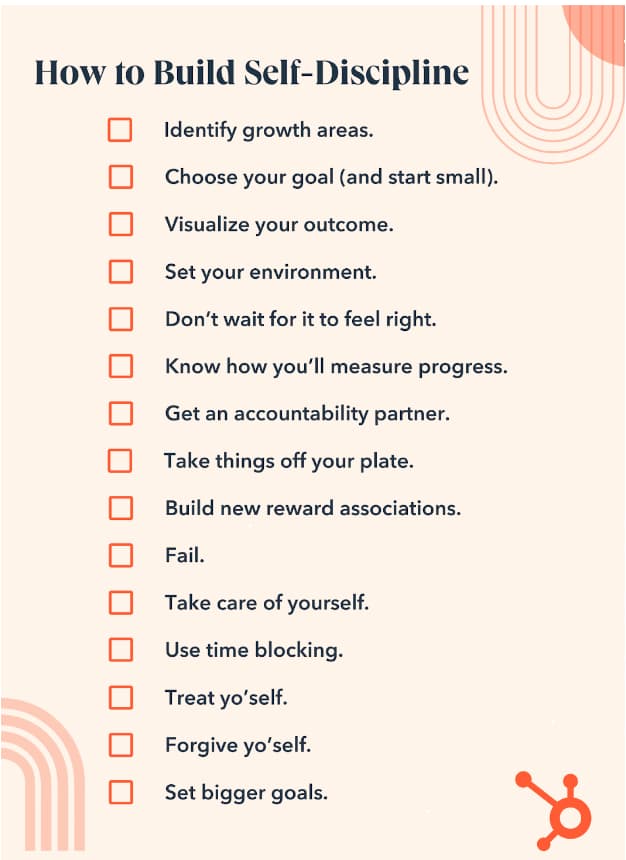 Screenshot 2023-03-15 at 4.42.02 PMHow to Build Self-Discipline. Identify growth areas. Choose your goal (and start small). Visualize your outcome. Set your environment. Don’t wait for it to feel right. Know how you’ll measure progress. Get an accountability partner. Take things off your plate. Build new reward associations. Fail. Take care of yourself. Use time blocking. Treat yo’self. Forgive yo’self. Set bigger goals.