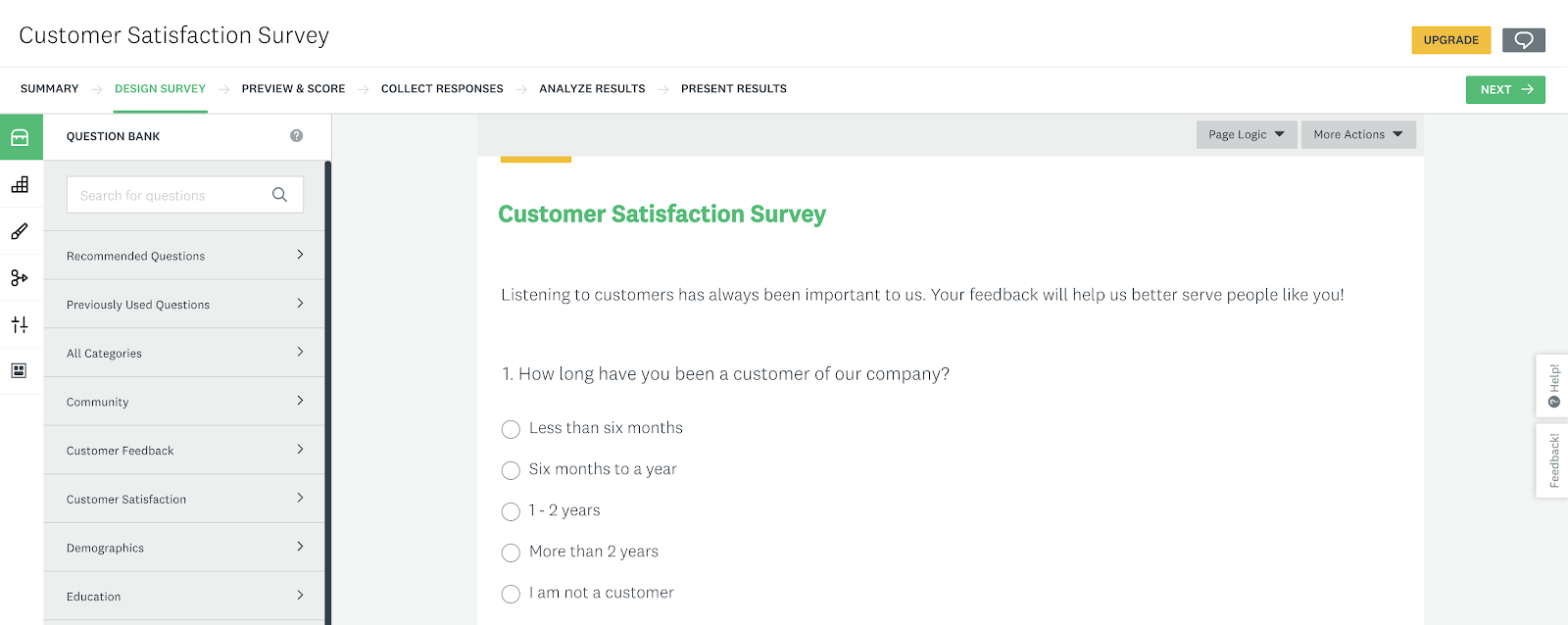 the back end of a customer satisfaction survey in surveymonkey's survey builder