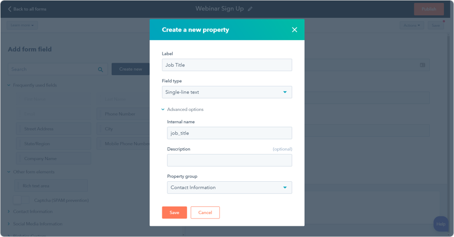 the "create new property" screen in hubspot's forms builder as part of the survey creation process