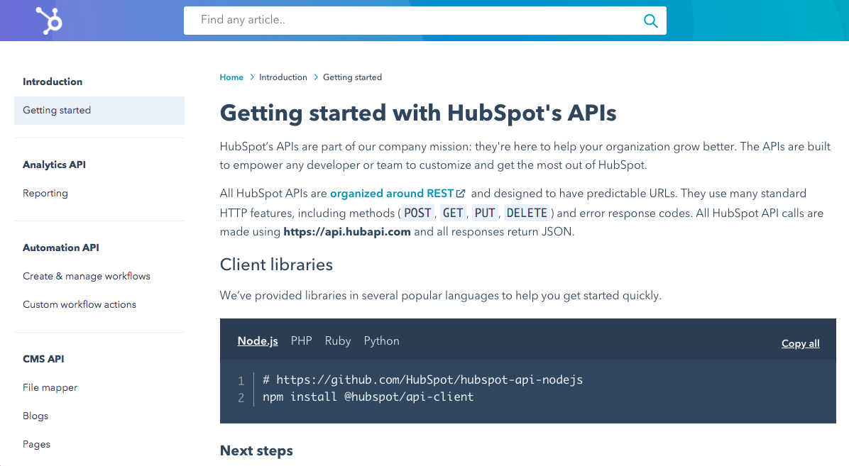 Screenshot of Getting started with HubSpot's API page