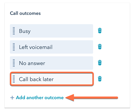 Arrow pointing to "Add another outcome" on Call outcomes menu