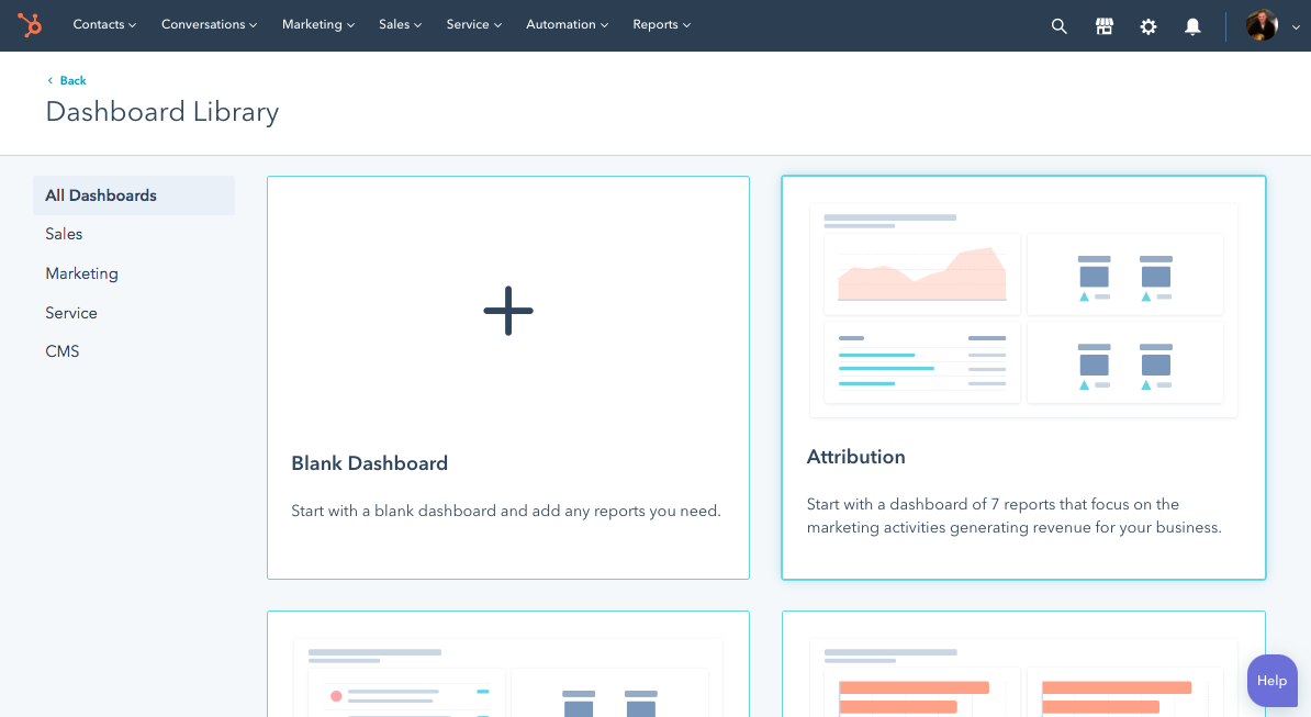 Screenshot of Dashboard library with options for different types of dashboards