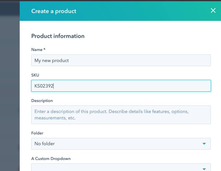 Screenshot of the SKU field under Product Information in HubSpot