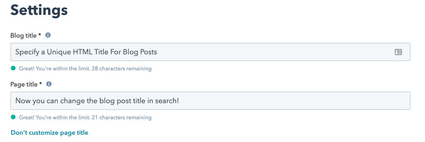 Screenshot of Settings where you can change both the blog title and page title