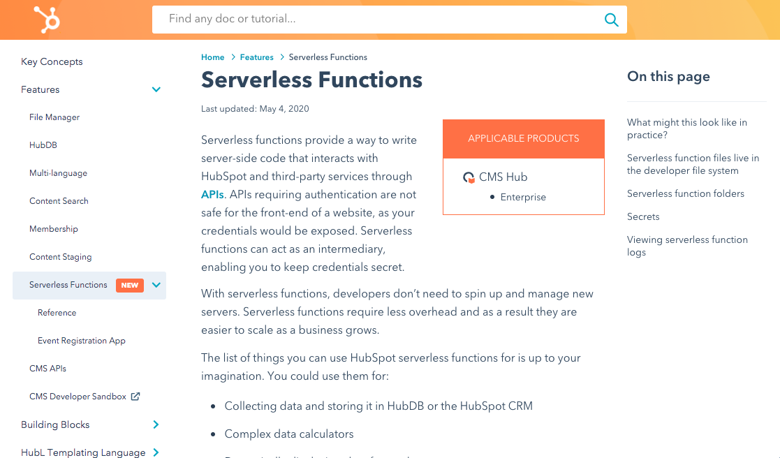 Screenshot of the Serverless Functions CMS Reference Docs page.