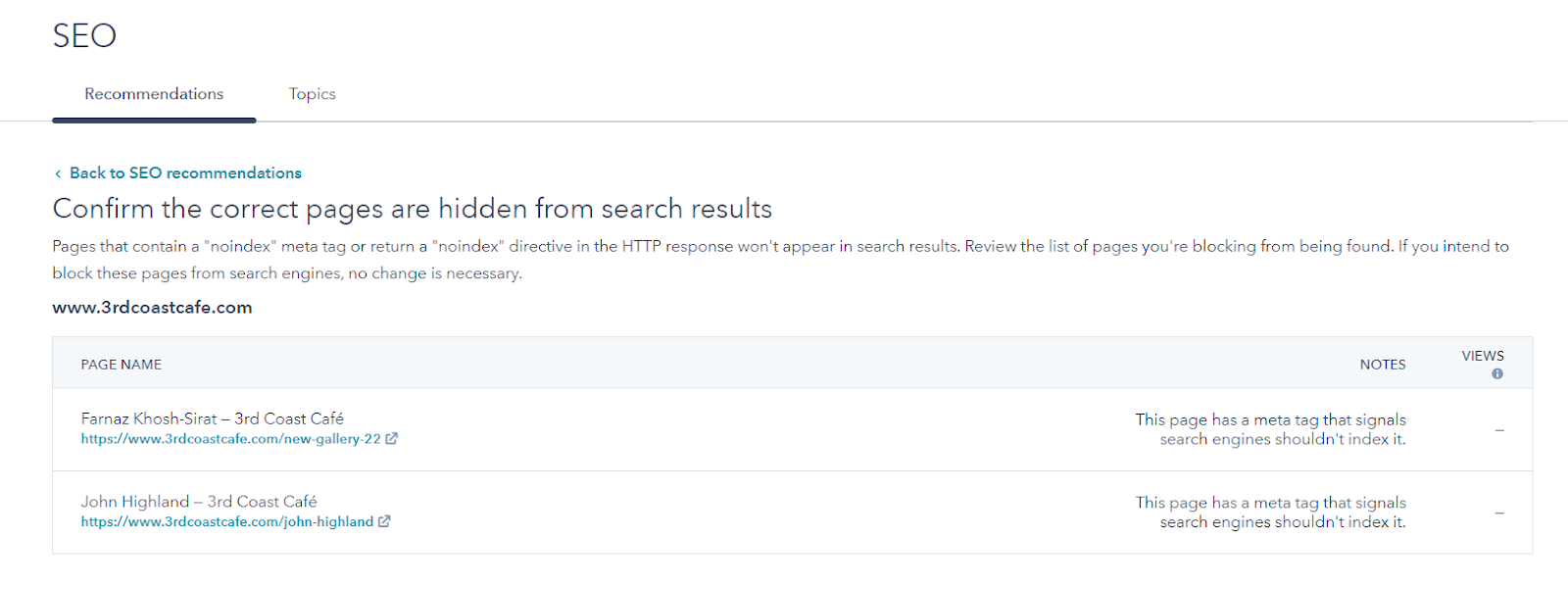 Screenshot of the SEO audit tool in HubSpot