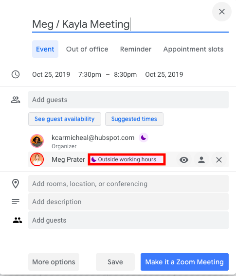 Setting a meeting on Google outside of office hours