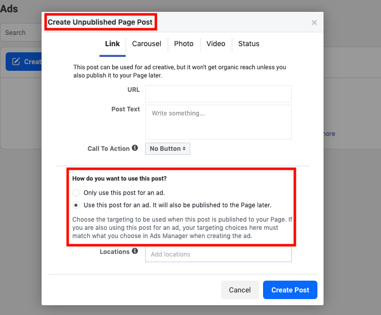 Creating an Unpublished Page Posts on Facebook