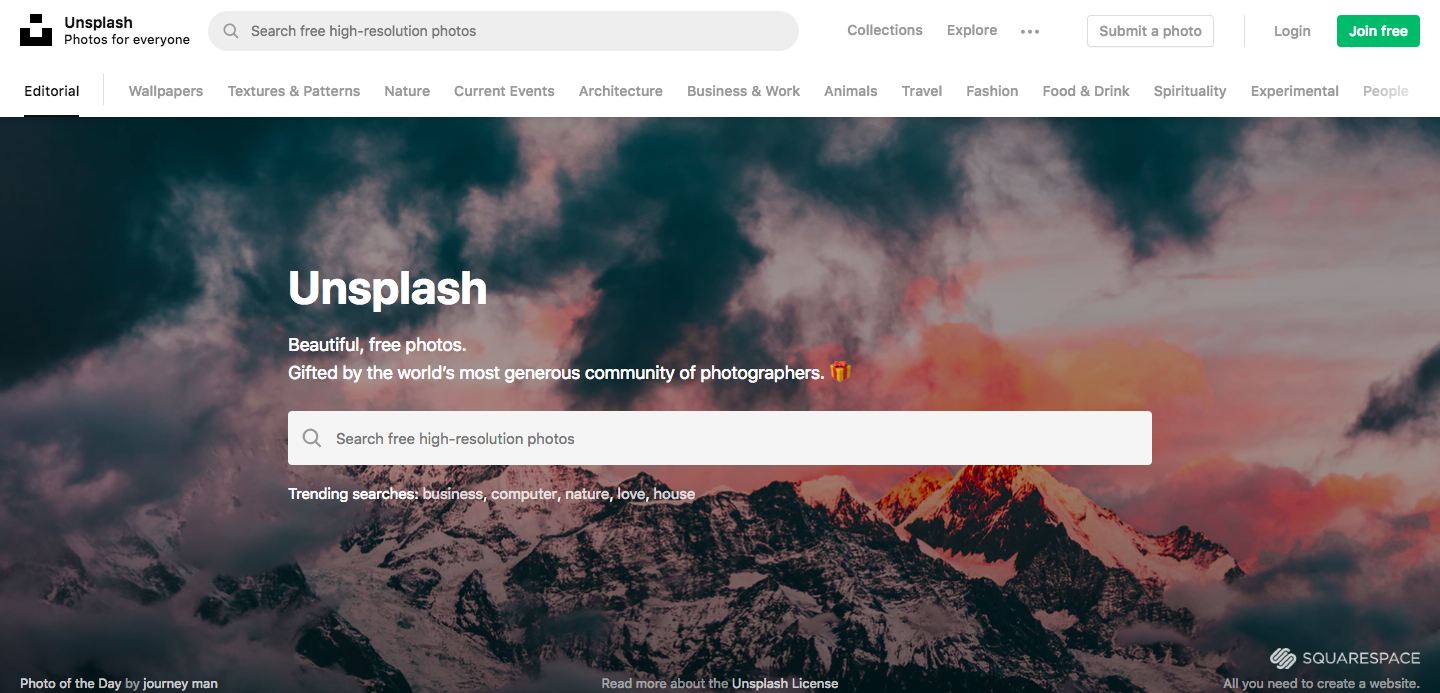 Unsplash is a crowdsourced free stock images site.