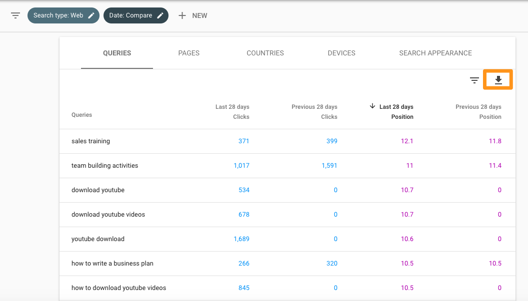 download csv in google search console