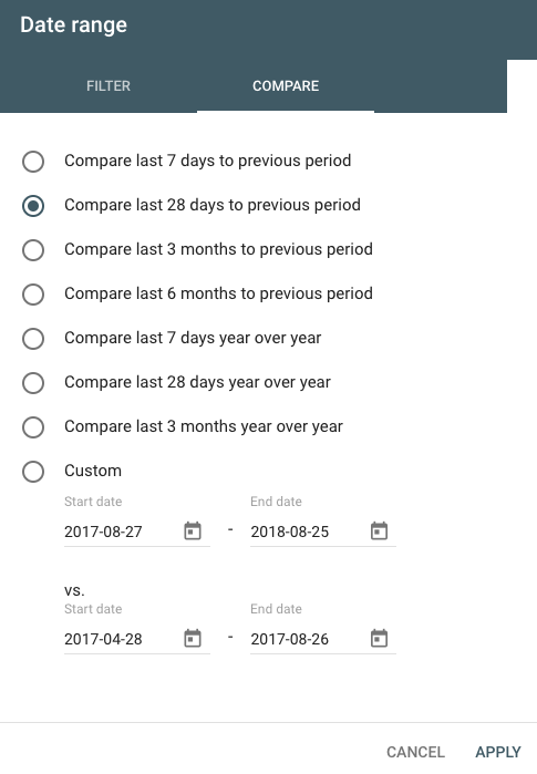 google search console date range selector