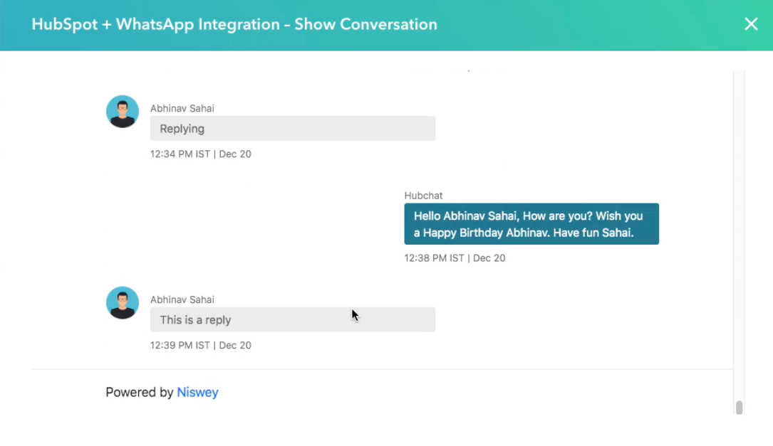 Example of WhatsApp and HubSpot integration.