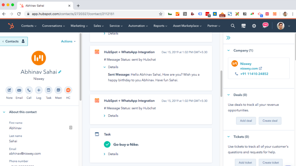 Example of HubSpot and WhatsApp integration.