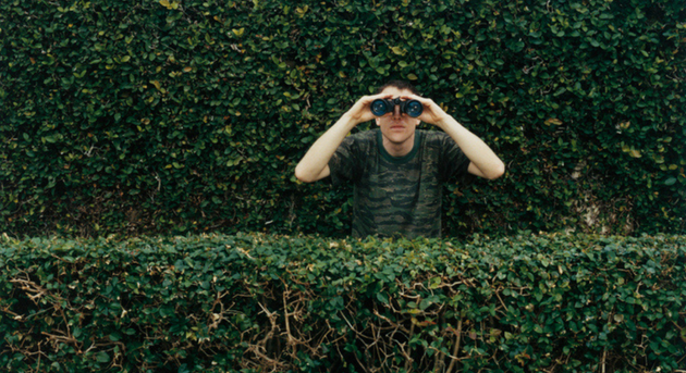 Man searching using binoculars in a field of green bushes