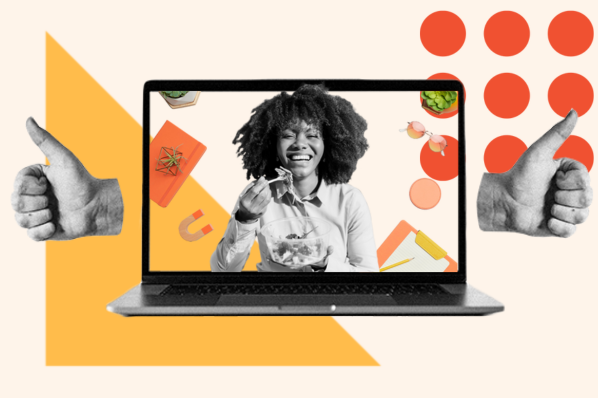 A woman discusses food as she stars in a product video being played on a laptop.