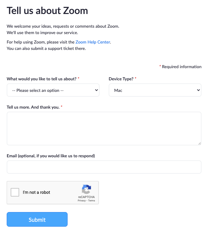 Feedback form example: Zoom