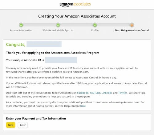 amazon affiliate sign up: choose your payment method