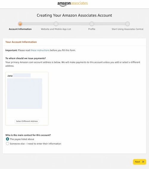 amazon affiliate sign up: enter your account information