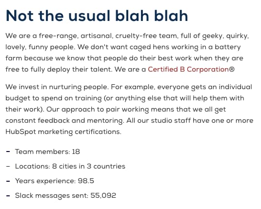 Copywriting on Meet the Team page by Articulate