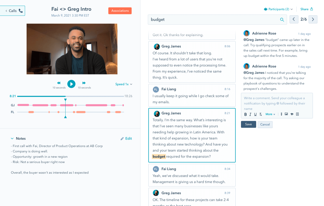 HubSpot conversation intelligence tool showing coaching feature