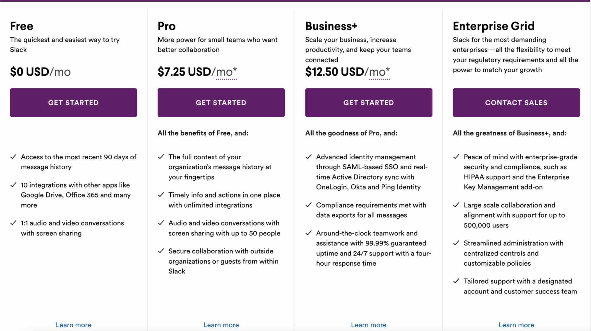 B2B pricing example of user-based pricing, Slack’s B2B pricing page