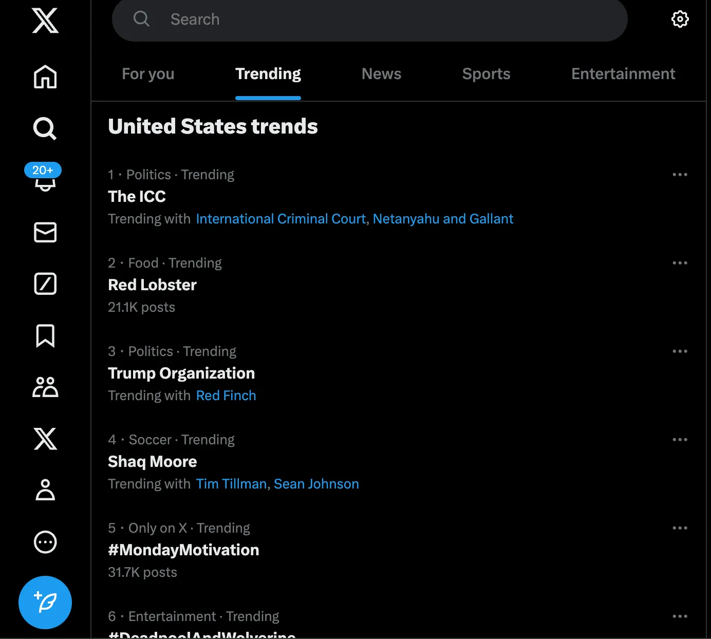 Screenshot of X Trending tab for trending topics exploration