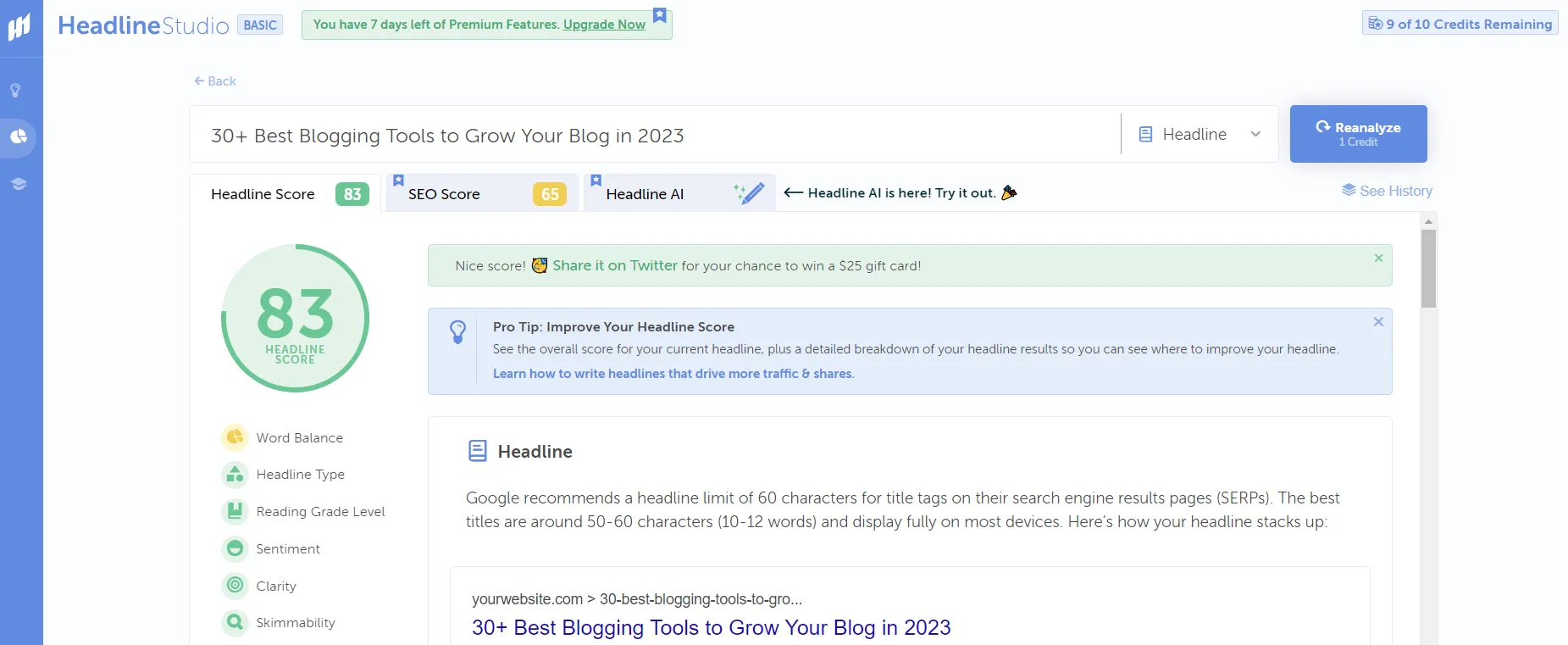 Blogging tool coschedule headline analyzer screenshot
