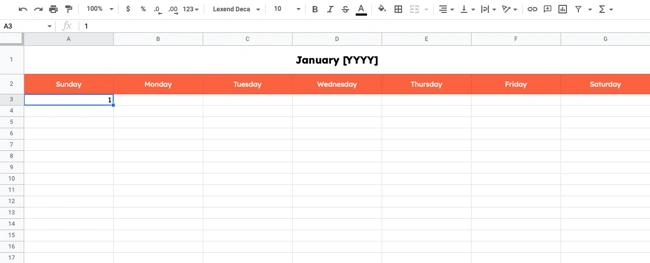 how to make a google sheets calendar: fill in the day numbers
