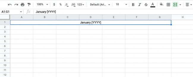 how to make a google sheets calendar: begin formatting calendar