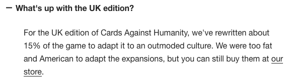 Cards Against Humanity UK edition snarky answer