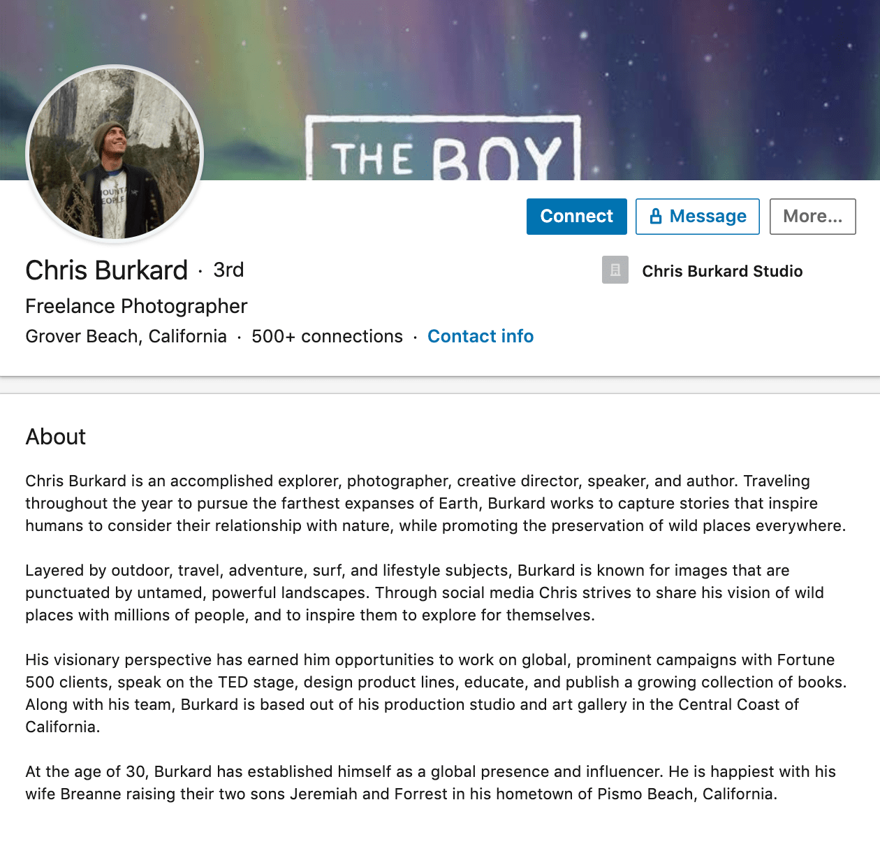 Professional bio example from Chris Burkard