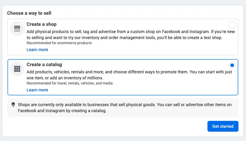 Before creating a Facebook collection ad, create a catalog in Commerce Manager