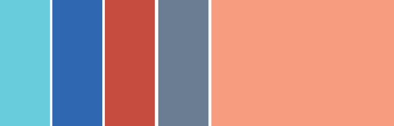split complementary color scheme example with pale blue, peach, blue, and red