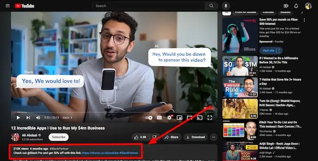 Screenshot showing how productivity expert and creator Ali Abdaal incorporates affiliate content into his videos.