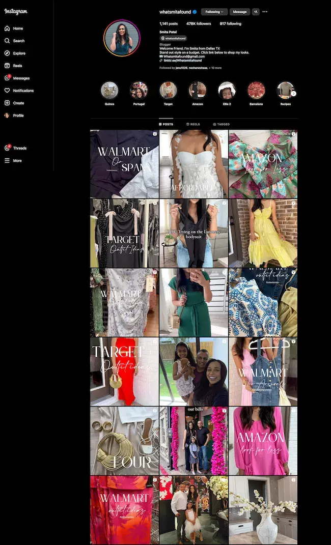 Screenshot showing Fashion blogger Smita Patel’s Instagram account.