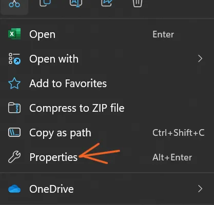 How to enable micros in a single Excel file: Right click on file and select properties