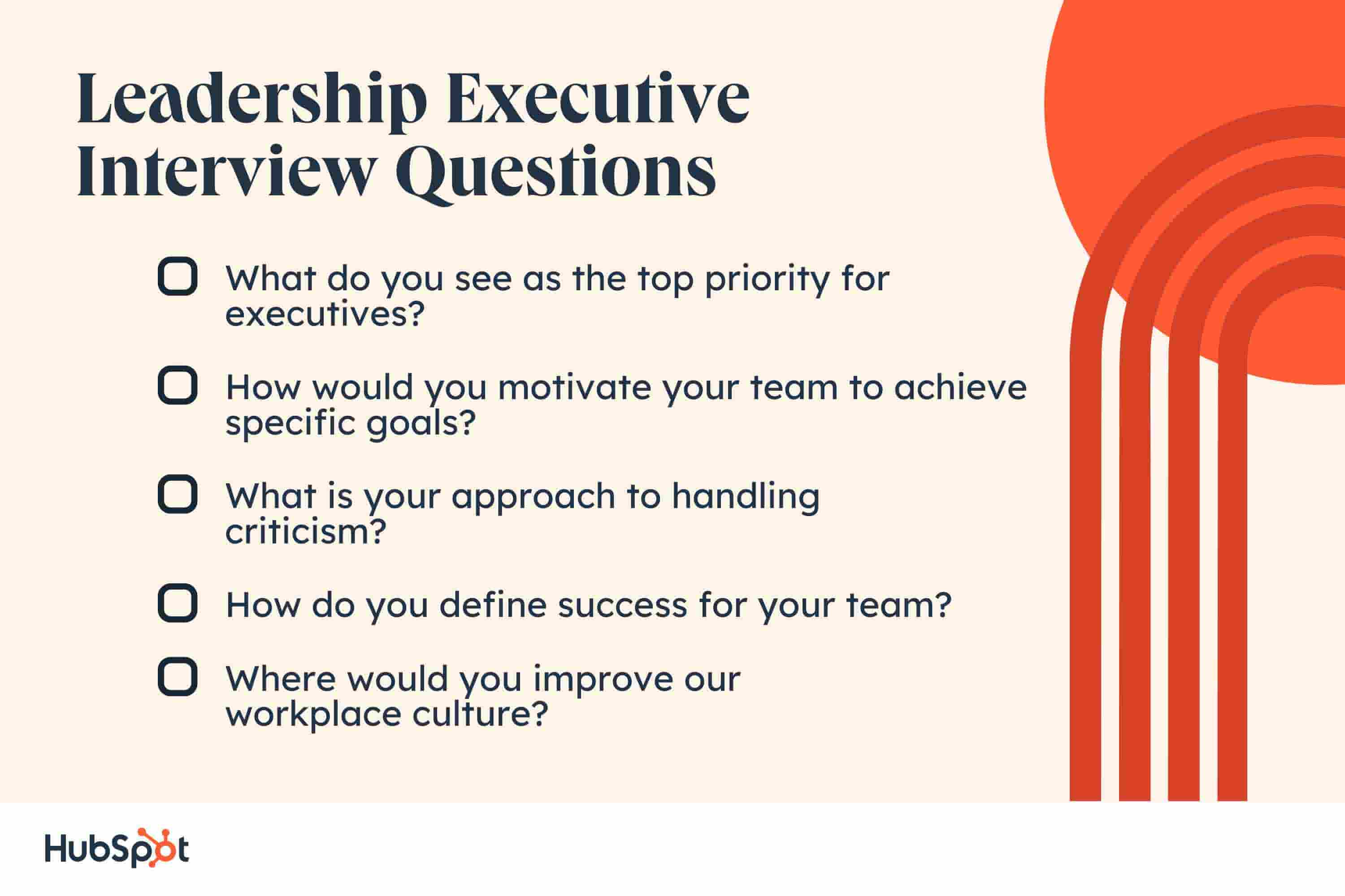 leadership executive interview questions. What do you see as the top priority for executives? How would you motivate your team to achieve specific goals? What is your approach to handling criticism? How do you define success for your team? Where would you improve our workplace culture?