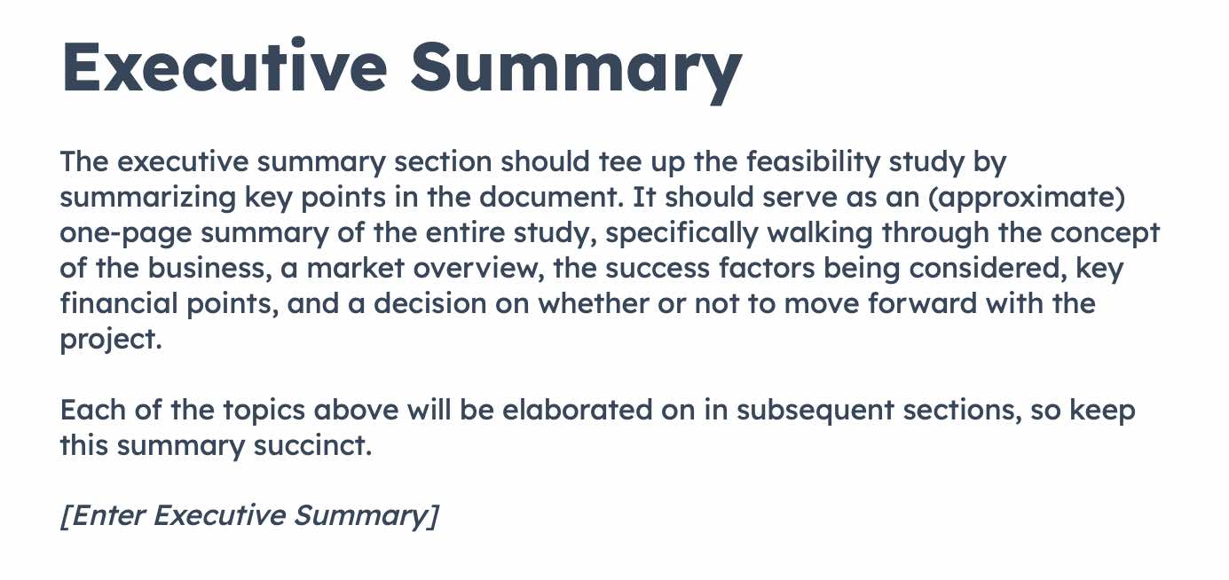 feasibility study template, executive summary section