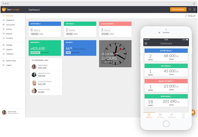 GetAccept business proposal software dashboard with mobile app screen