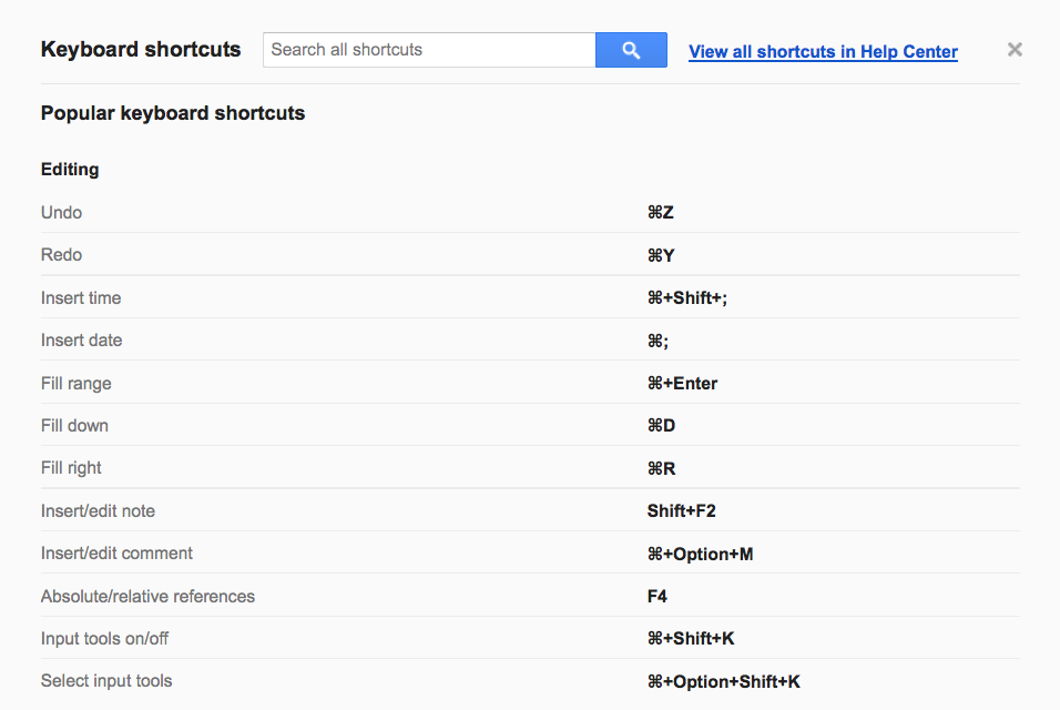 shortcuts for google sheets for mac