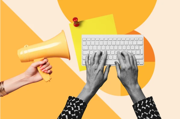 Grow your email list graphic with a megaphone for announcements and a person typing to signify email