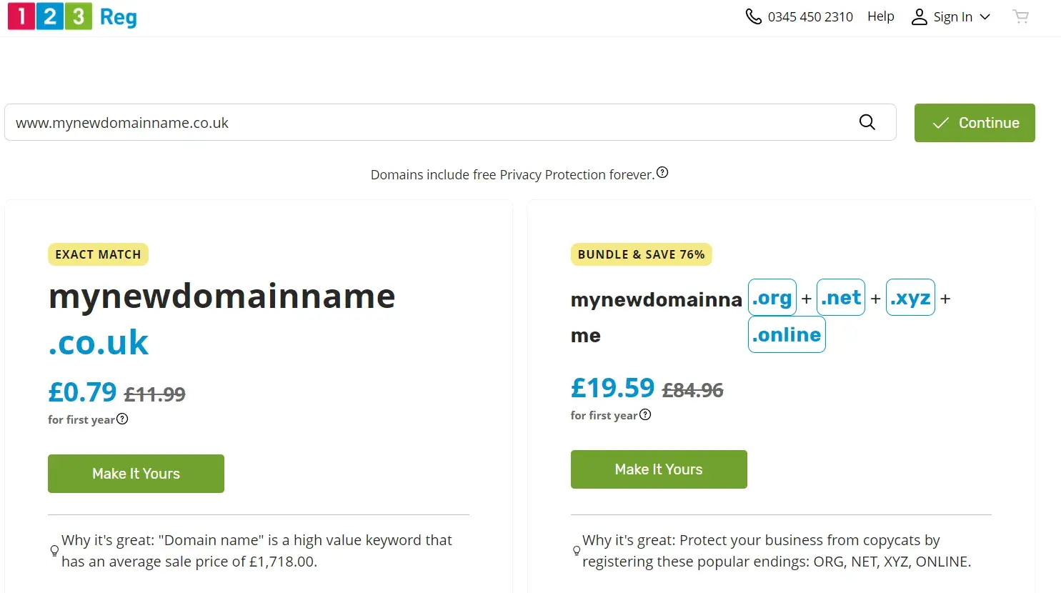 Screenshot from 123reg.com shows the screen that appears after you search your desired domain name.
