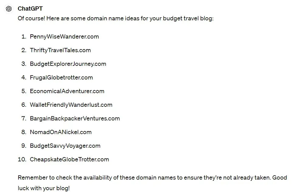 Screenshot shows a list of domain names supplied by ChatGPT after a prompt that asks for the best domain names for a budget travel blog.