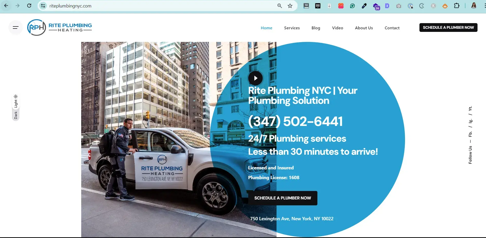 Rite Plumbing use a local domain which is the best domain for them because they only serve New York. Screenshot shows the domain name and their homepage above the fold.