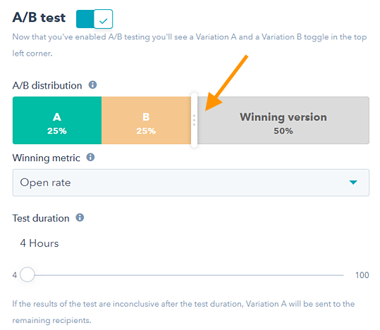 ab testing sample size settings in hubspot