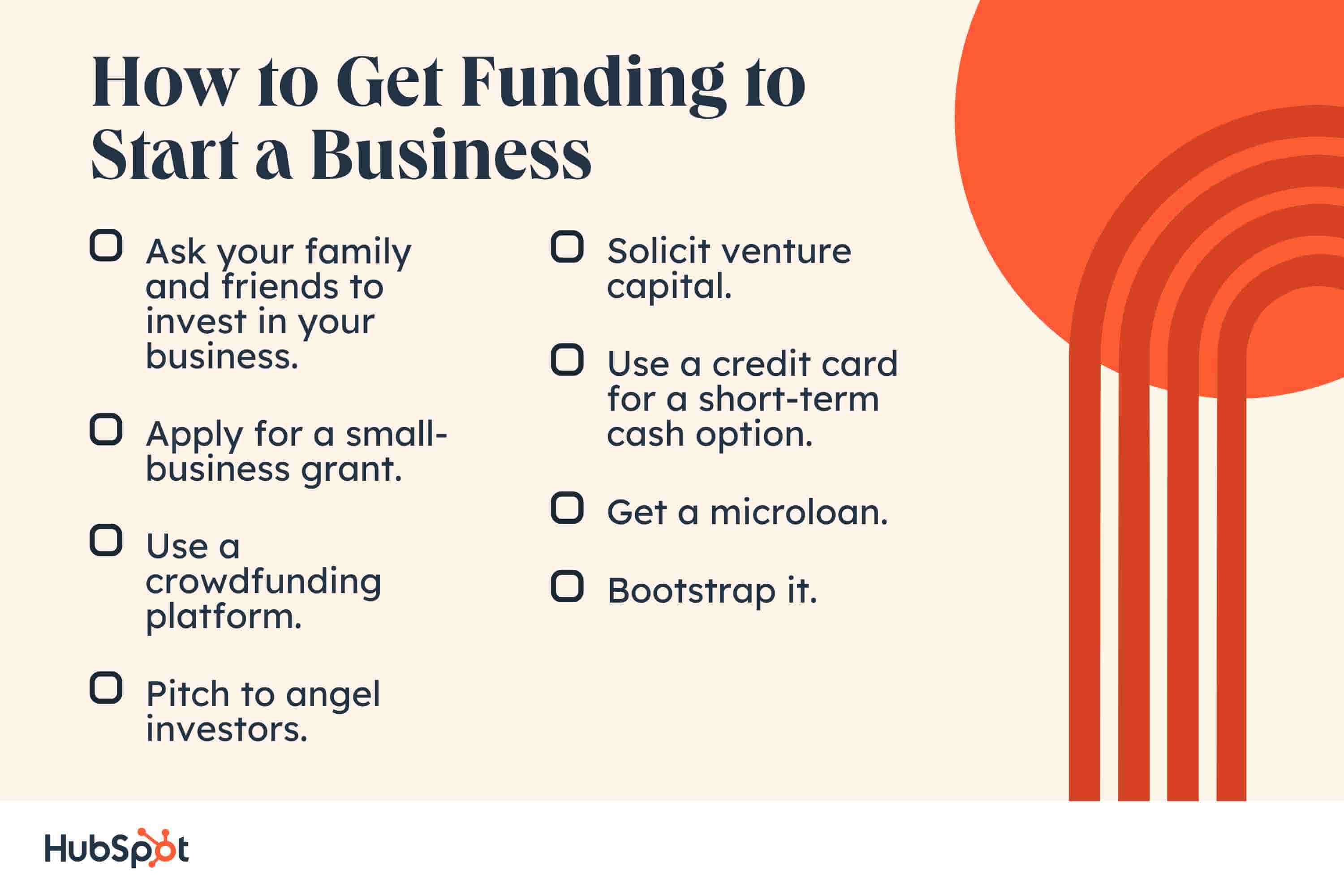 How to Get Funding to Start a Business. Ask your family and friends to invest in your business. Pitch to angel investors. Apply for a small-business grant. Solicit venture capital. Use a crowdfunding platform. Use a credit card for a short-term cash option. Get a microloan. Bootstrap it.