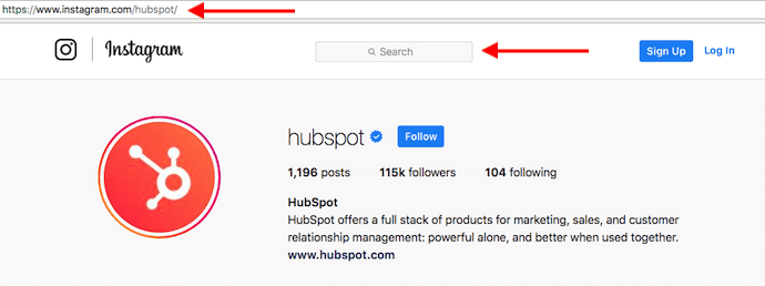 hubspot s instagram profile with red arrows pointing to search bar for looking up users without an - how to clean up instagram following