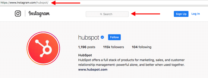 hubspot s instagram profile with red arrows pointing to search bar for looking up users without an - follow is on instagram